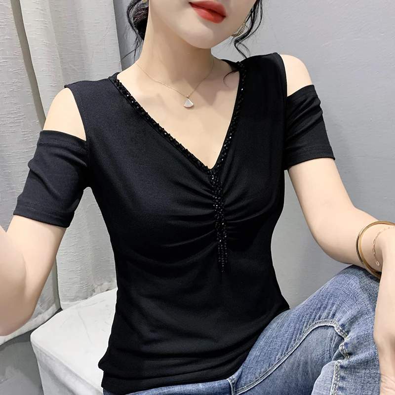 

2022 Summer New Women Tops Shirt Fashion Sexy V-Neck Solid Color Short Sleeved Hot Drilling Folds Mesh T-Shirt Blusas