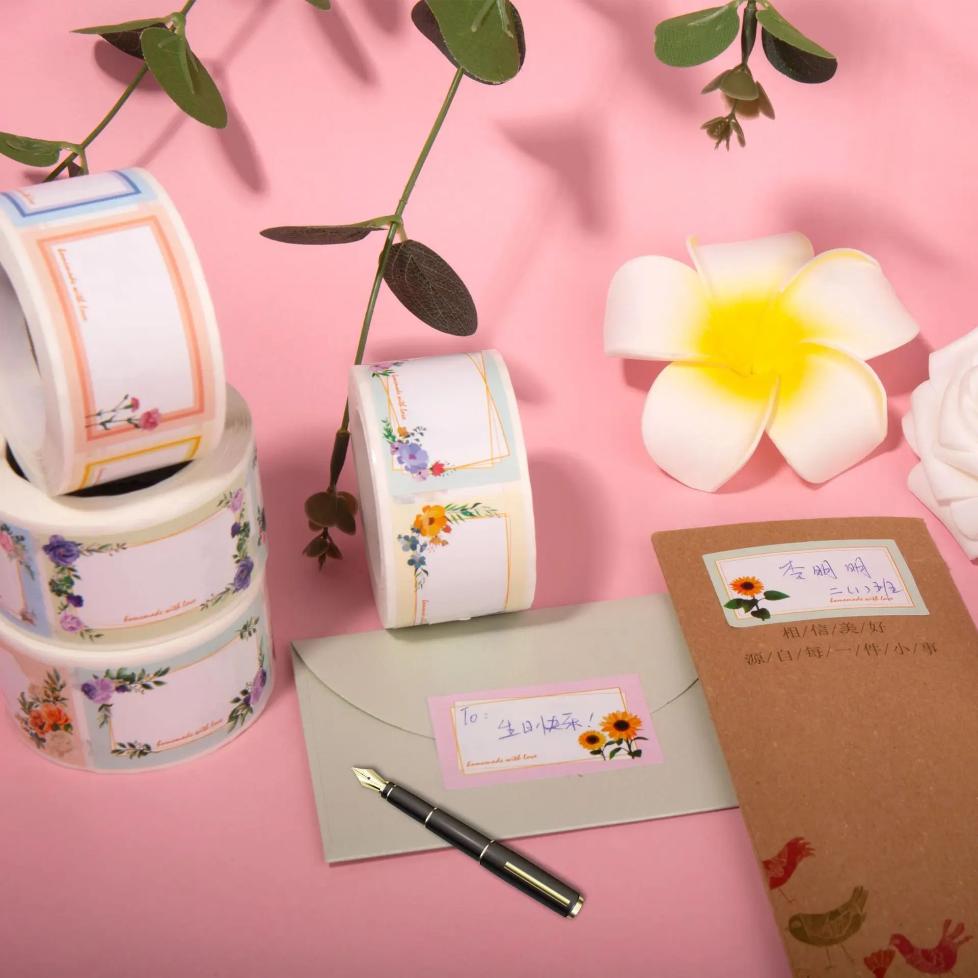 

250pcs Flowers and plants rectangular name stickers gift packaging handwritten blessing words label sealing decorative stickers