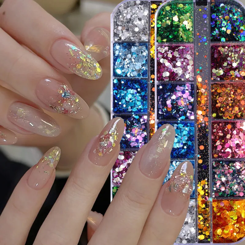 12 ячеек смешанные шестиугольные Блестки для ногтей украшение голографические