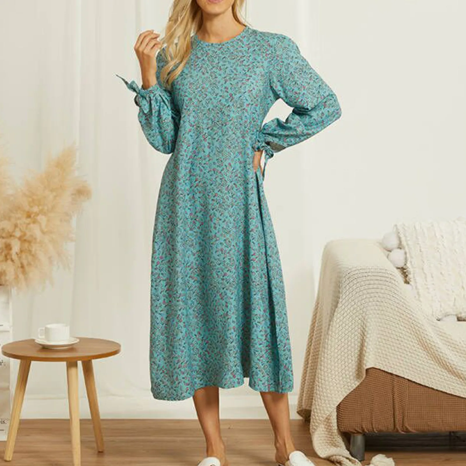

Spring Autumn Dresses Women Casual Elegant Printed Round Neck Long Sleeve Midi Dress Fashion Office Lady Vestidos Party Dress