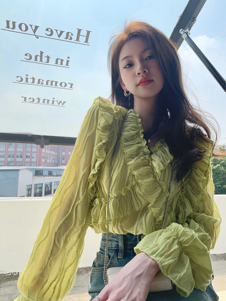 

Spring Sweet Ruffled Solid Color Shirt Women 2022 Korean Fashion New V-neck Long Sleeve Blouses Elegant Casual Blusas Femme
