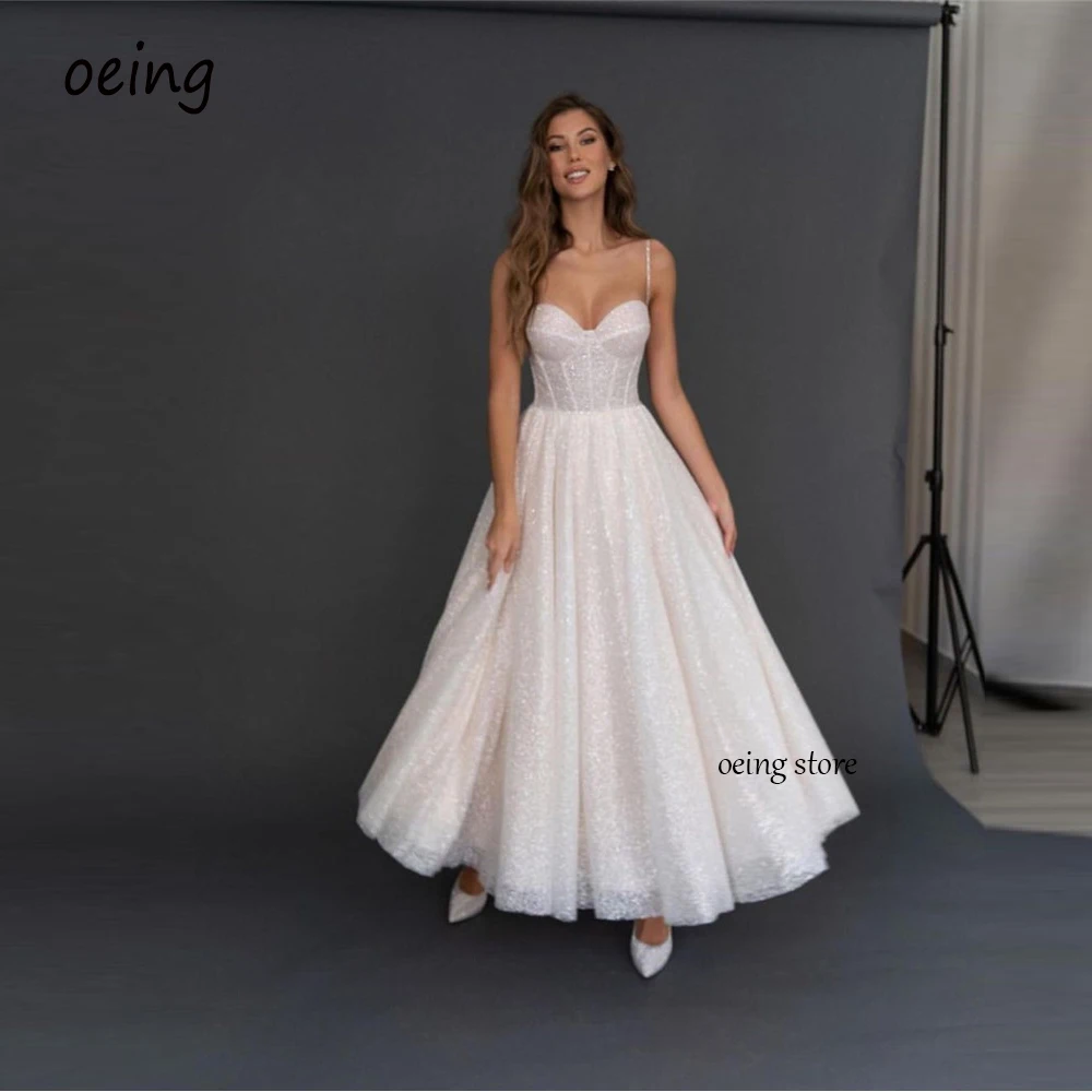 

OEING Glitter Sparkly A Line Ankle Length Wedding Dresses Spaghetti Straps Sweetheart Women Bridal Party Gowns Robe de mariage