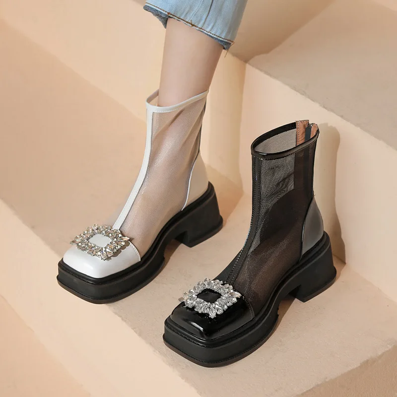 

Summer Autumn New 2022 Luxury Crystal Mesh Chunky Women Sandals Boots Fashion Platform Shoes Trend Pumps Breathable Women Shoes