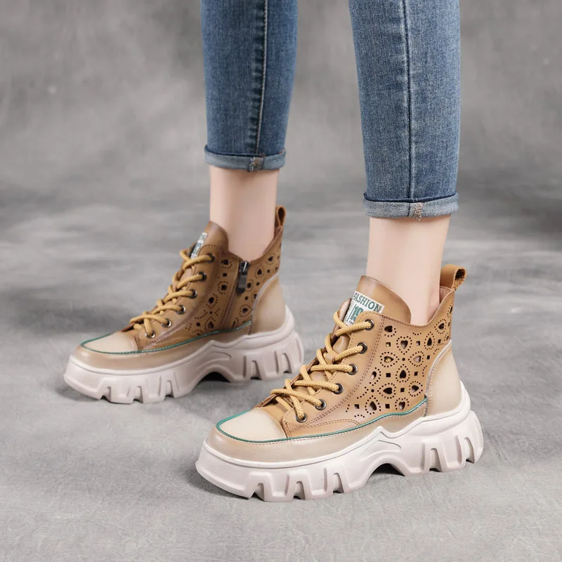 

Jishu Spring and Summer New Top Layer Cowhide Hollow Dr. Martens Boots Sandal Boots Thick Bottom Wedge round Head Single-Layer
