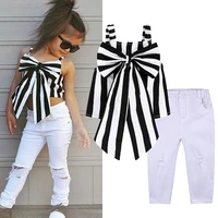 2pcs summer fashion girls children clothes sets bow short sleeve t shirts long white jeans pants 2 3 4 5 6 7 years clothing