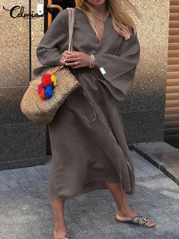 

Осень 2022, соблазнительное платье Celmia с V-образным вырезом, женское модное платье-миди, винтажная рубашка с длинным рукавом, платья, повседнев...