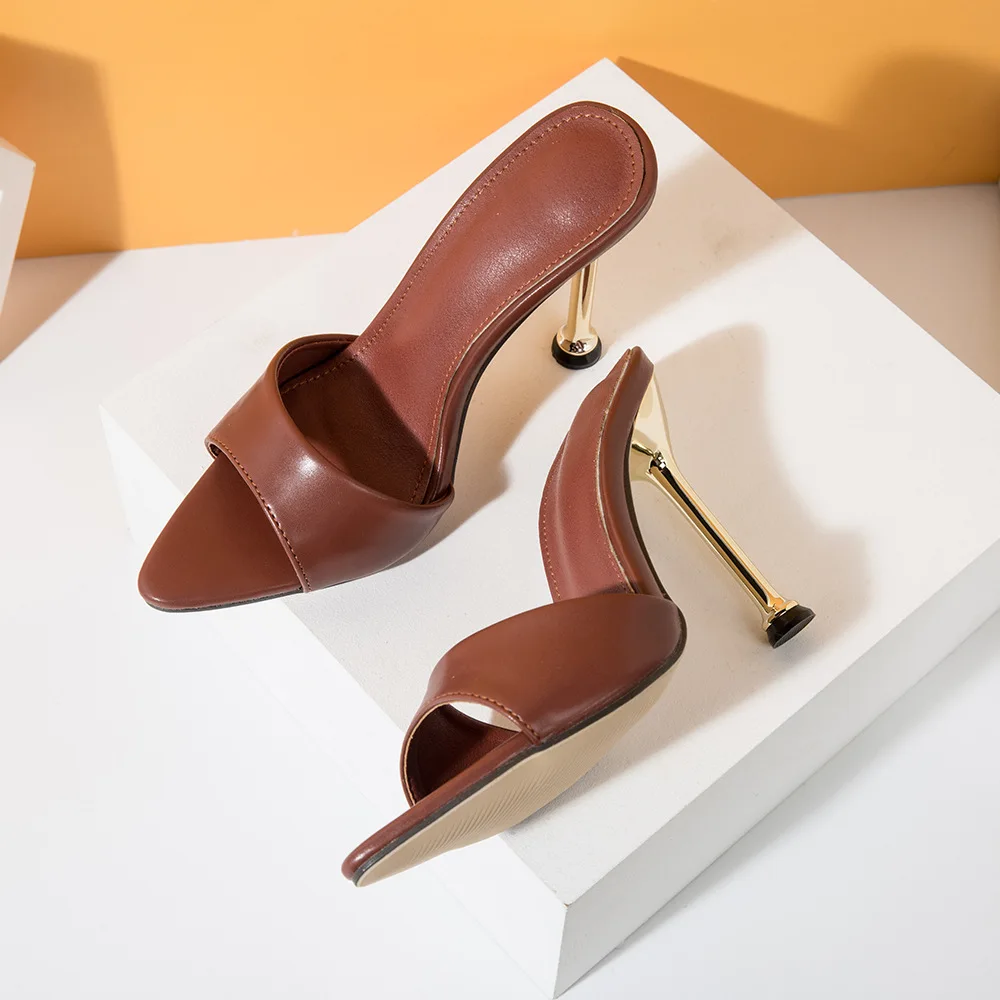 Womens Slippers 2023 New Pointed Fish Mouth High Heel Pumps Summer Outwear Fashion Leather Metal Series Thin Heel Ladies Slipper