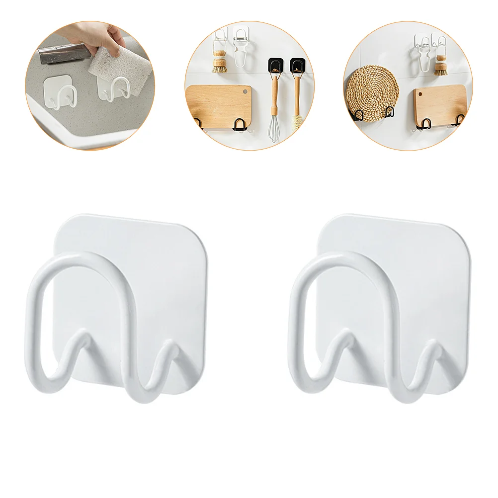

2pcs Stainless Steel Sponge Hooks Punch Free Storage Hooks Wall Hooks (White)