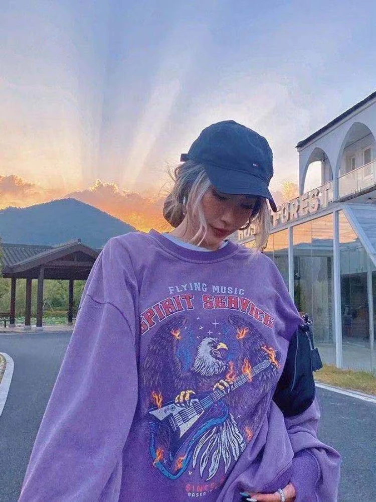

Hip Hop Vintage Print Hoodies Women Harajuku Oversized Sweatshirt Retro Loose Long Sleeve Pullover Tops Streetwear Goth