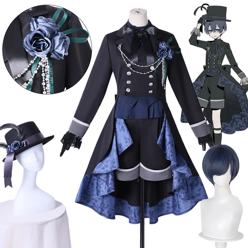Фото Аниме Ciel Phantomhive Косплей Костюм Черный дворецкий Косплей Парик Ciel Черная Роза Униформа Шляпа Костюм на Хэллоуин для мужчин Comic Con №1