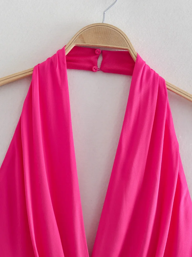 Dave&Di Ins Fashion Playsuits Blogger Rose Color Halter Silk Satin Backless Sexy Playsuits Women Shorts