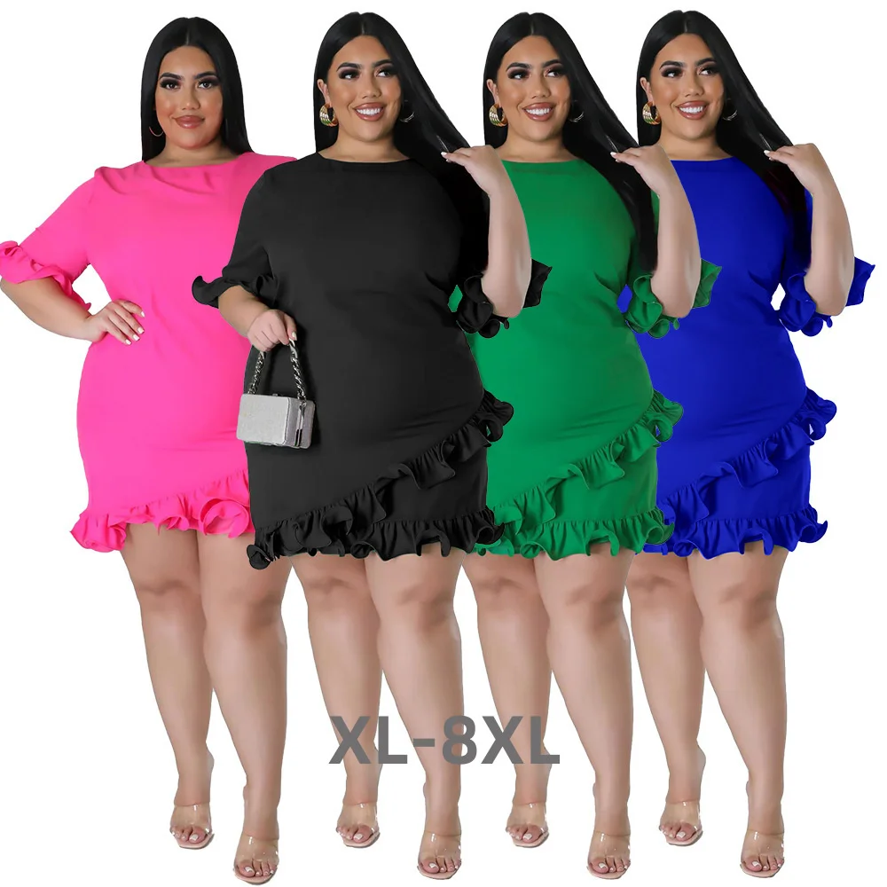 Plus Size Summer Fashion Ruffles Women Casual Dress Half Sleeves Round Neck Solid Elegant Ladies Party Mini 3xl 4xl 5xl 6xl