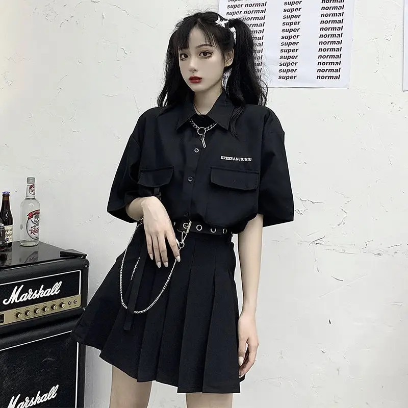 

Skirt Suit for Women Dark Wind Gothic Clothes Punk Belt Chain High Waist Jk Set Mini Pleated Skirt Y2k Met Cute Harajuku Version
