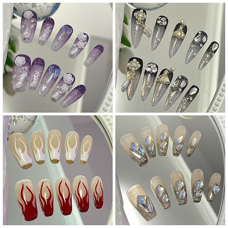 

Handmade Y2K Flame Camellia Fake Nail With Glue Glitter Rhinestone Press On Nails Reusable Long Coffin Acrylic False Nails Tips
