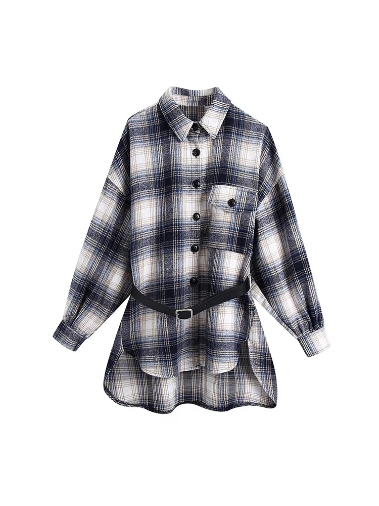 

Женская рубашка с поясом BM & MD & ZA, винтажная верхняя одежда с длинным рукавом, на пуговицах, в полоску, в клетку, 2022