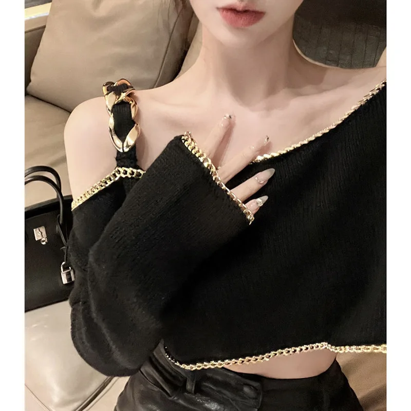 Sexy Black Sweater Pullovers Women Jumper Extreme Short Knitted Crop Tops Cold Shoulder Party Club Jersey Japanese Korean Style