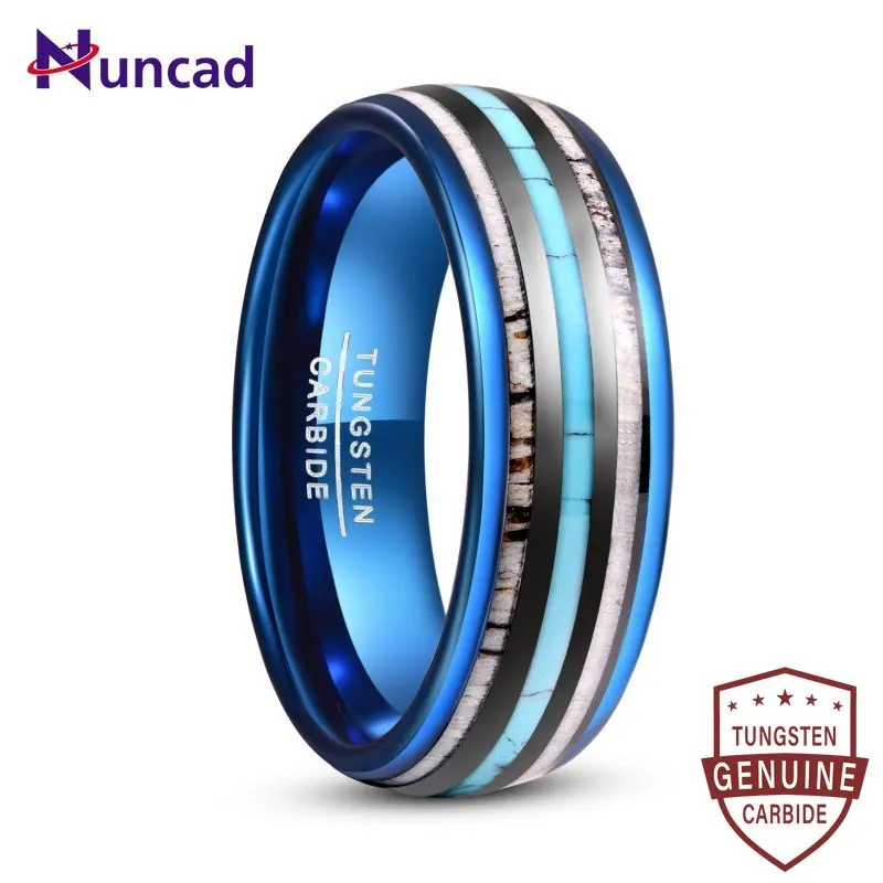 

Nuncad 8mm Electroplating Blue Inlaid Antlers Turquoise Tungsten Carbide Ring for Men Fashion Wedding Jewelry Size 7-12