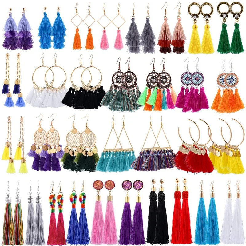 

32 Pairs Earrings Set Bohemian Tassel Earrings With Colorful Tassel Long Layered Dangle Hoop For Women Girls Gift