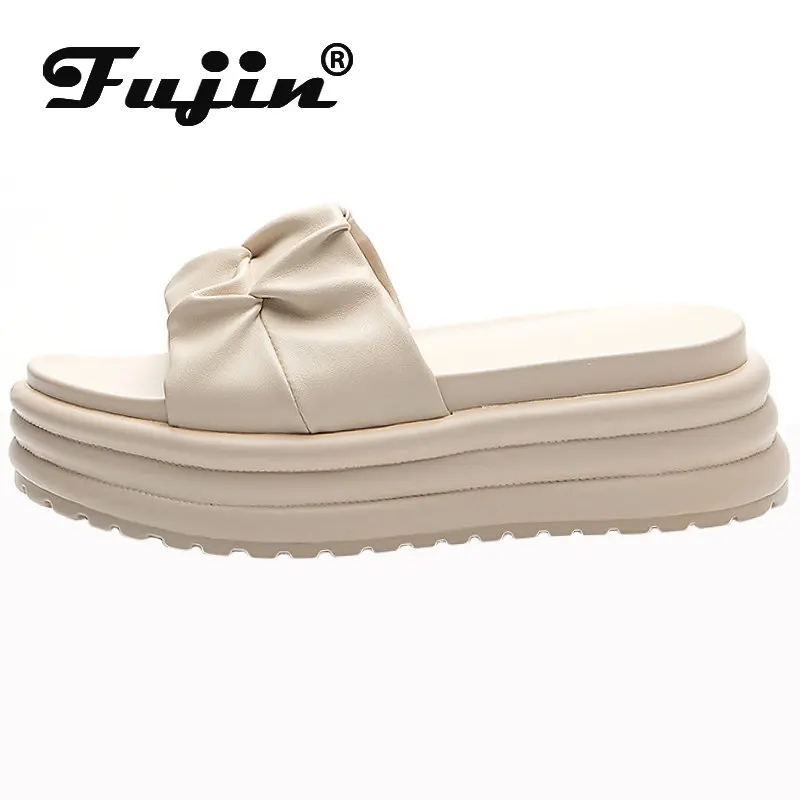 

Fujin/тапочки 6 см; Модные женские шлепанцы без задника из натуральной коровьей кожи; Женские повседневные сандалии; Брендовая обувь на танкетке и платформе
