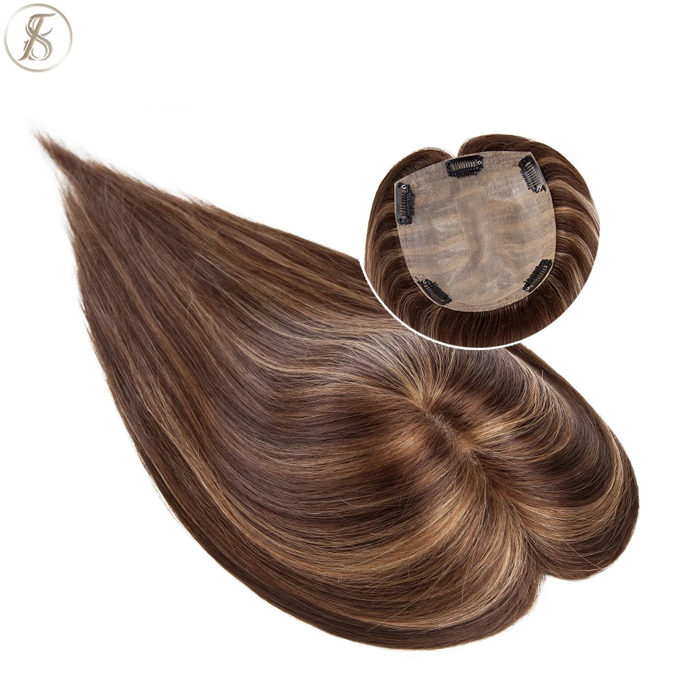 TESS Natural Women Human Hair Topper 15x15cm Hair Clips Hair Piece Hair Wigs 100% For Women Silk Base Clip In Hair Extensions