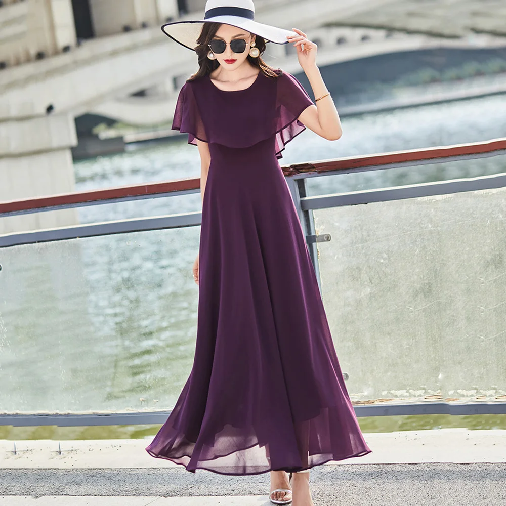Women Purple Chiffon Dress Summer New Fashion Shawl Collar Short Sleeve Slim Long Dress Elegant Flowing A-Line Pullover Dress
