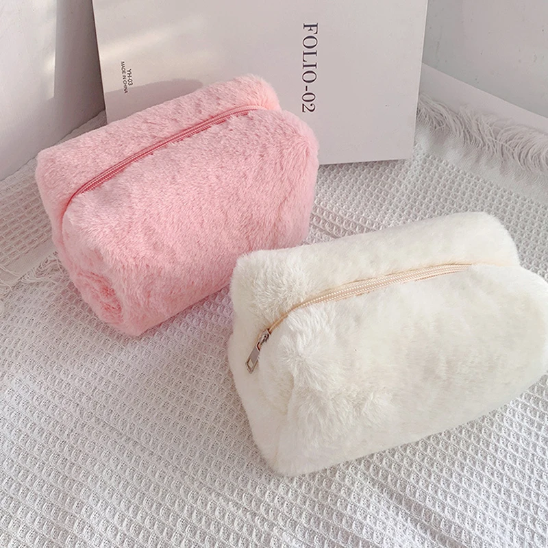

Solid Color Makeup Bags Women Soft Plush Cosmetic Make Up Brushes Storage Case Travel Toiletry Organizer Handbag Girls Gift