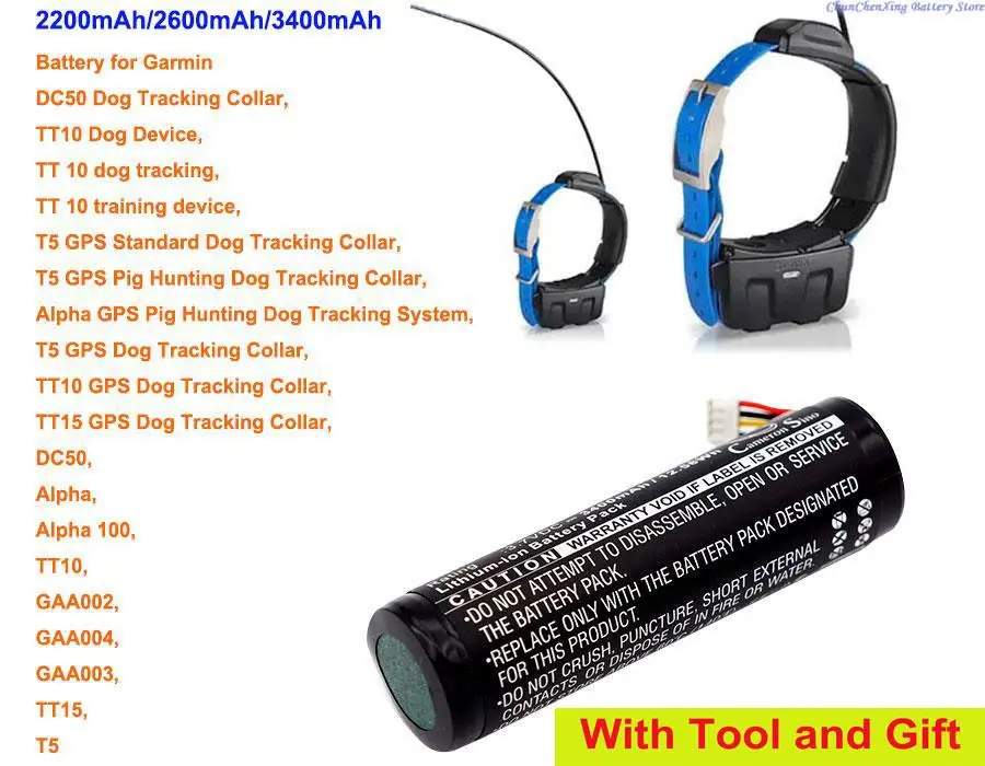 Cameron Sino 2200mAh/2600mAh/3400mAh Battery for Garmin Alpha 100, DC50 , GAA002, GAA003, GAA004, T5, TT10, TT10 Dog Device,TT15