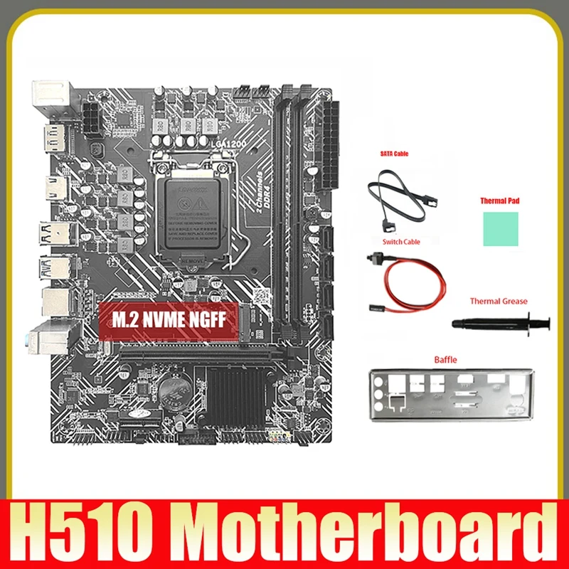 

H510 Motherboard+Switch Cable+Baffle+Thermal Grease LGA1200 DDR4 Gigabit LAN For G5900 I3-10100 I7-10700 10/11Th CPU