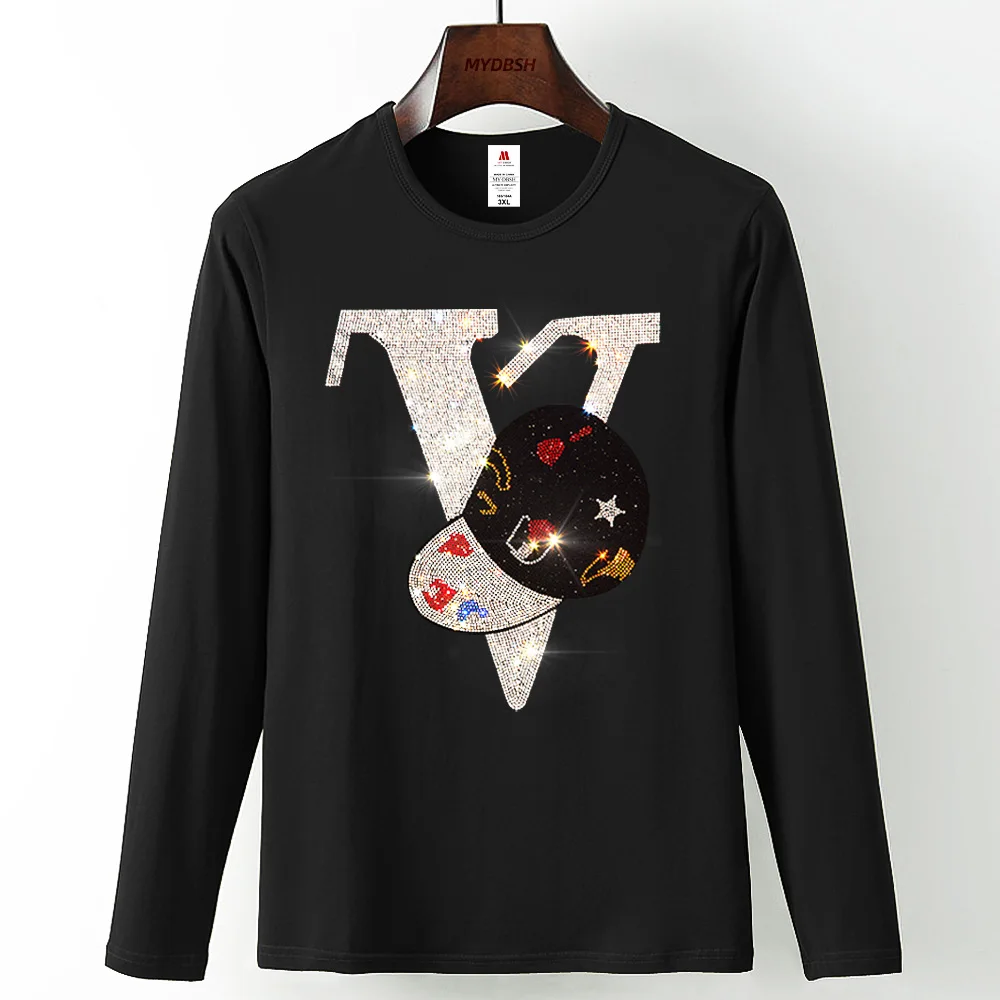 Новое поступление Мужская одежда футболки с V-образным вырезом и надписью Стразы