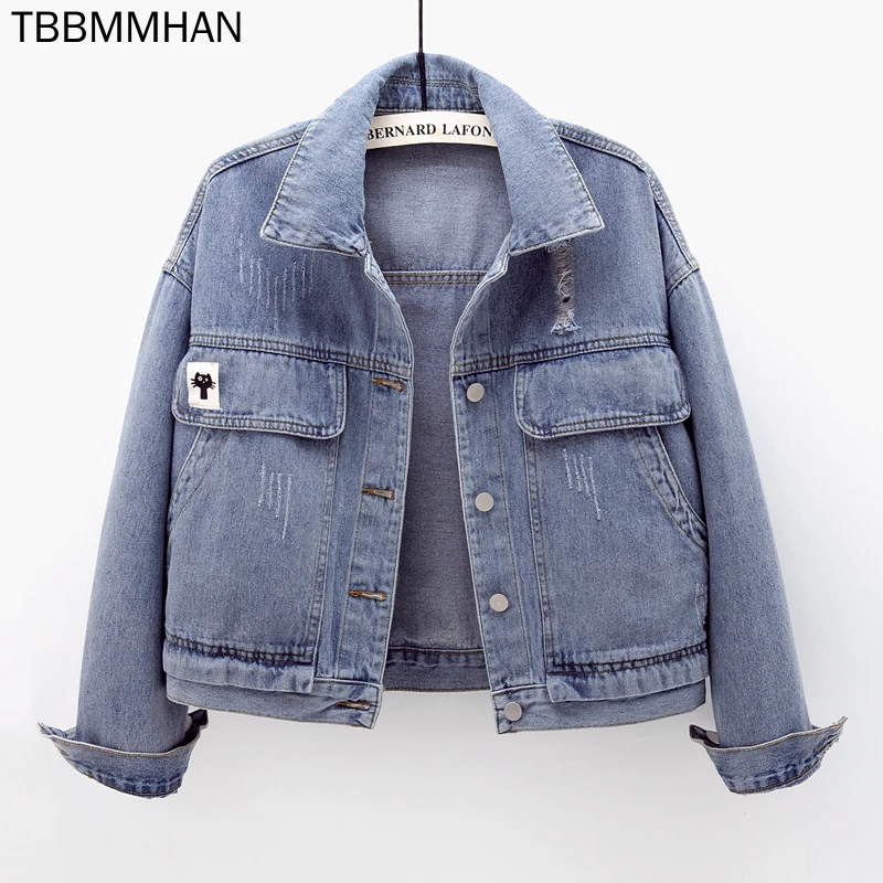 

Spring new denim jacket women's short Korean loose large pocket hole jacket long sleeve top fashion