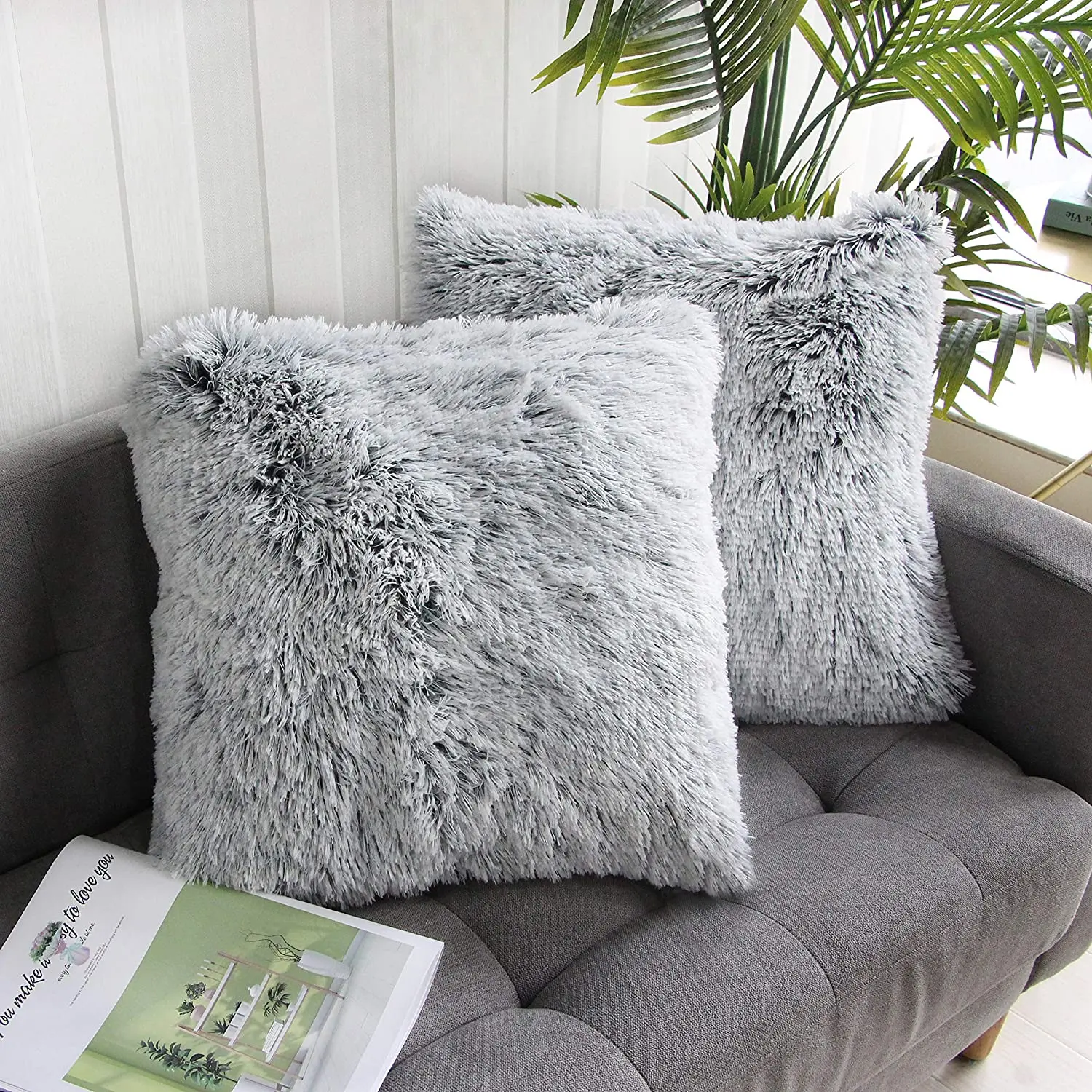

Super soft faux fur pillowcase for home decoration, suitable for sofa or bed, grey, dark, fluffy and double-sided,