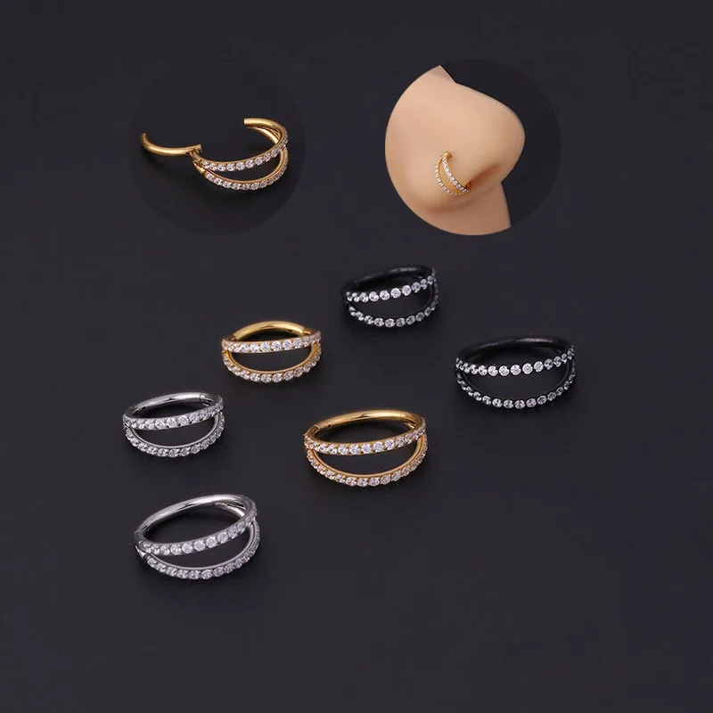

1PCS Stainless Steel Piercing Cartilage Earrings 2 Rows Zircon Hinged Nose Ring Helix Conch Daith Nose PIER Clicker Body Jewelry