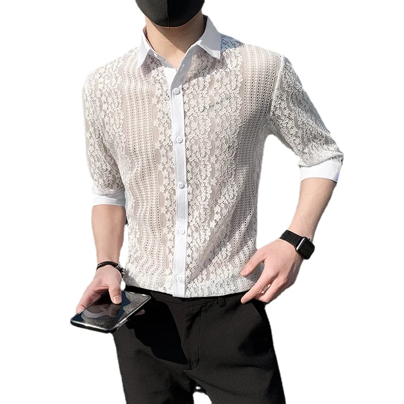 

Модная кружевная рубашка с коротким рукавом, Мужская одежда, лето 2022, Молодежный Повседневный Топ KTV для бара, черный/белый Размеры 4XL-S