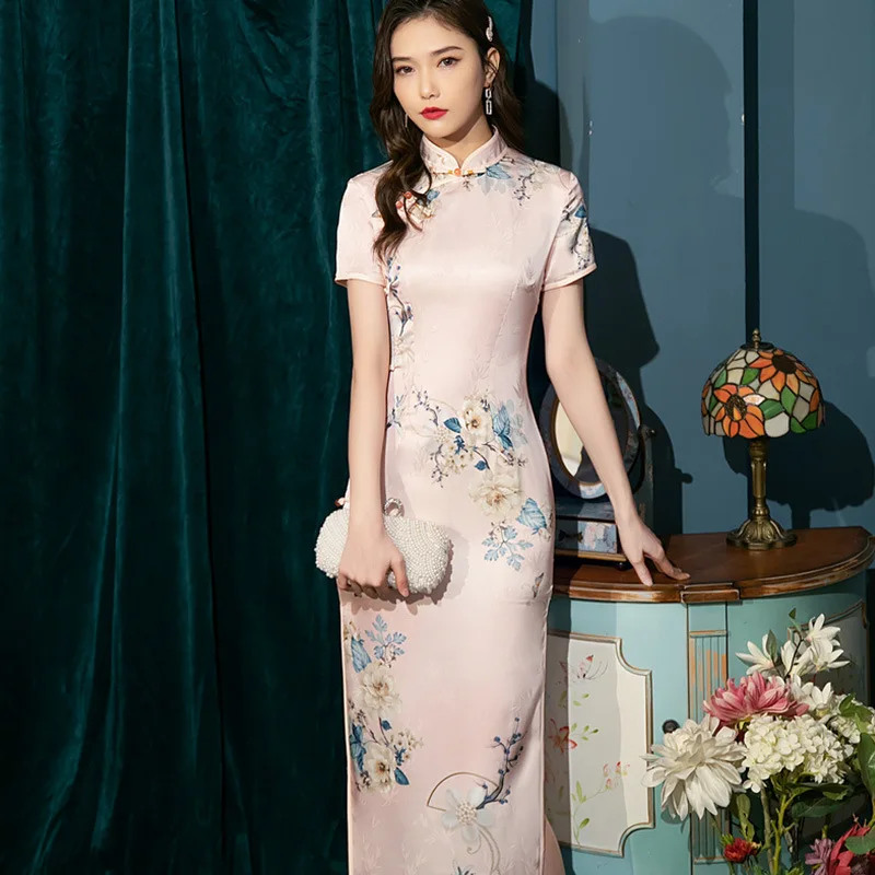 

Summer Short Sleeve Chinese Women Qipao Print Lady Traditional Long Fork Social Etiquette Dress Female Elegant Cheongsam