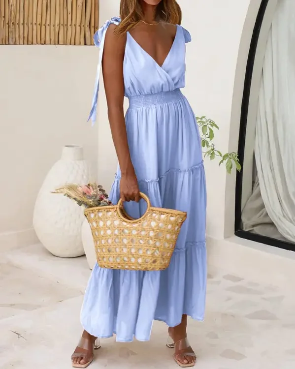 

CHAXIAOA 1 Piece Summer 2022 Women Frill Hem Shirred Plunge Tied Detail Maxi A Line Casual Dress