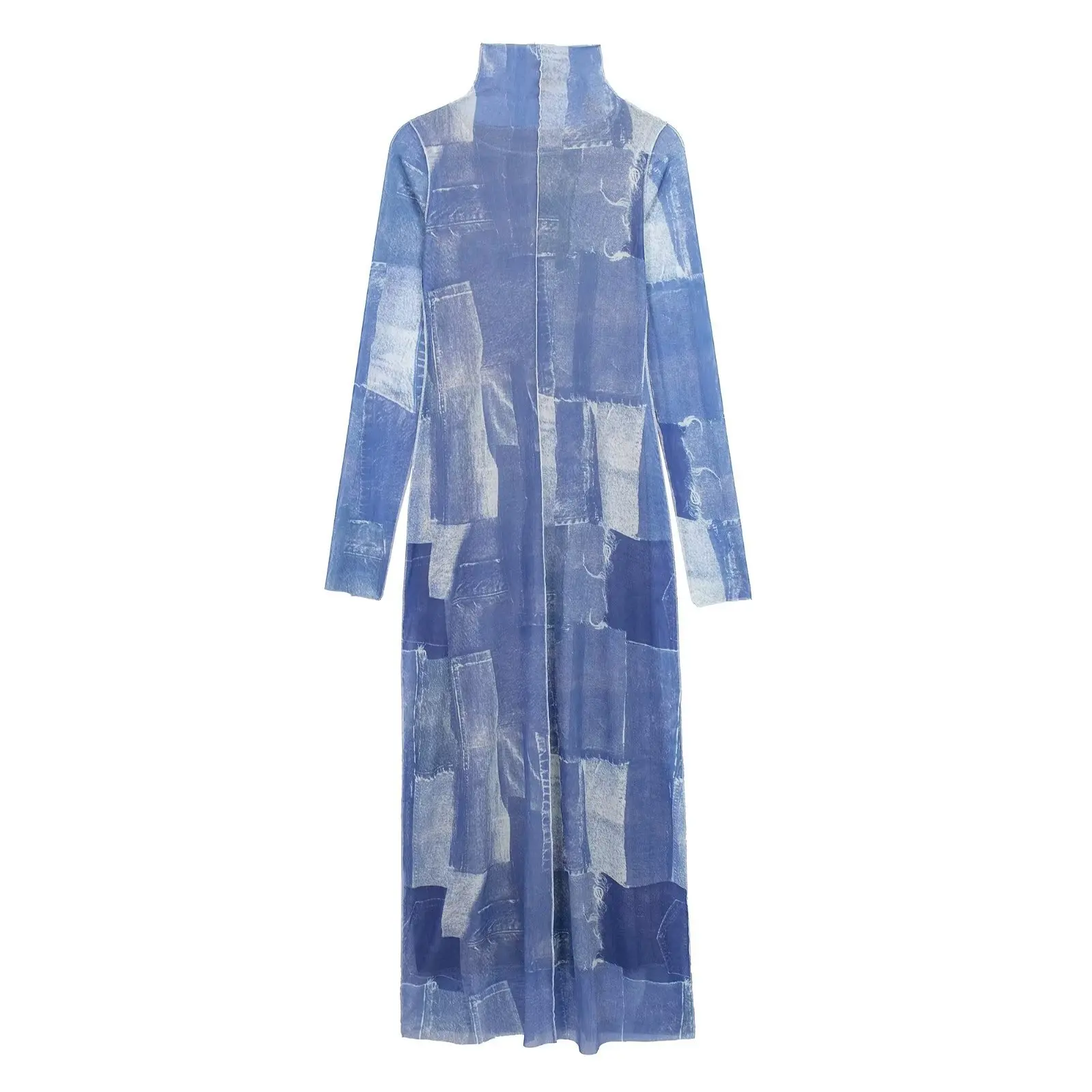 

Momoluna Women Open SeamTurtleneck Mesh Long Sleeve Patchwork Maxi Dress