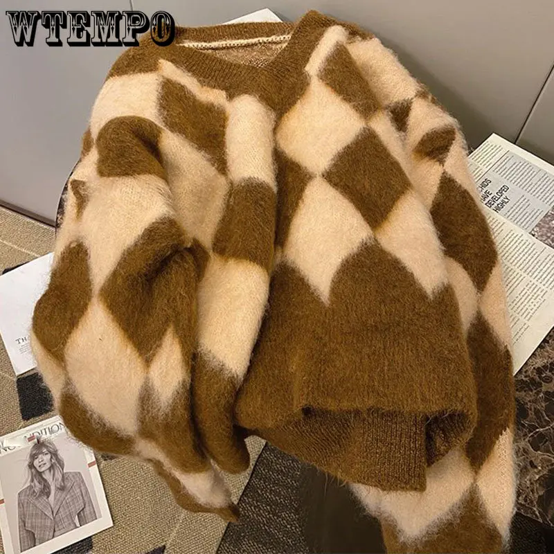 

Women Sweater Short Argyle Mohair Soft Thickened Warm Knitting Pullover Loose Casual College Style Top Pull Jumper Autumn Winter