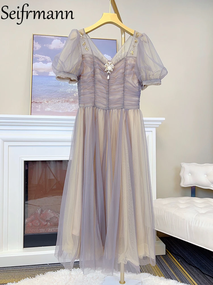 

Seifrmann High Quality Summer Women Fashion Designer Mesh Dress Lantern Short Sleeve Shirring Beading Solid Color Midi Dresses