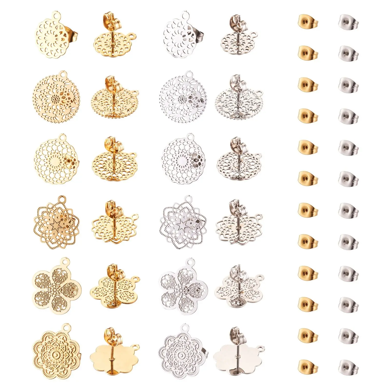 

24pcs 304 Stainless Steel Earring Studs Flower Flat Round Hollow Filigree Earring Posts Findings with Earring Back Jewelry Kits