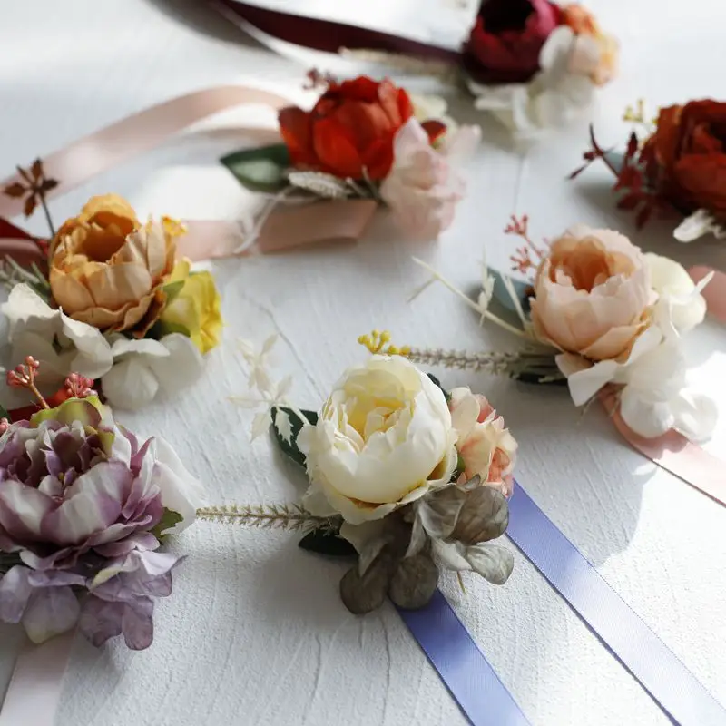 

High Quality Real Touch Bridal Bridesmaid Wedding Bouquet Silk Wrist Flowers Peony Flower Groom's Corsage Wedding Accessories