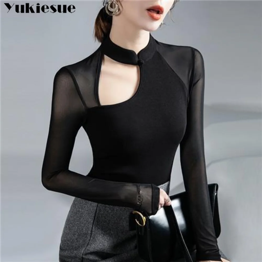 

Women T-shirt Grenadine Style Design Female Spring Summer Hollow See Through Mesh Clothes Casual Vintage Blouses Sense Of Design