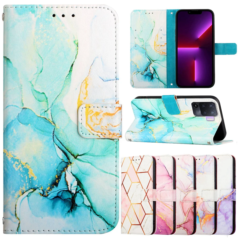 

Reno7 Reno5 Z Reno4 Lite Flip Case for OPPO Reno 7 5G 5Z 5 4 Lite 6 Pro Cases Marble Leather Wallet Card Holder Phone Back Cover