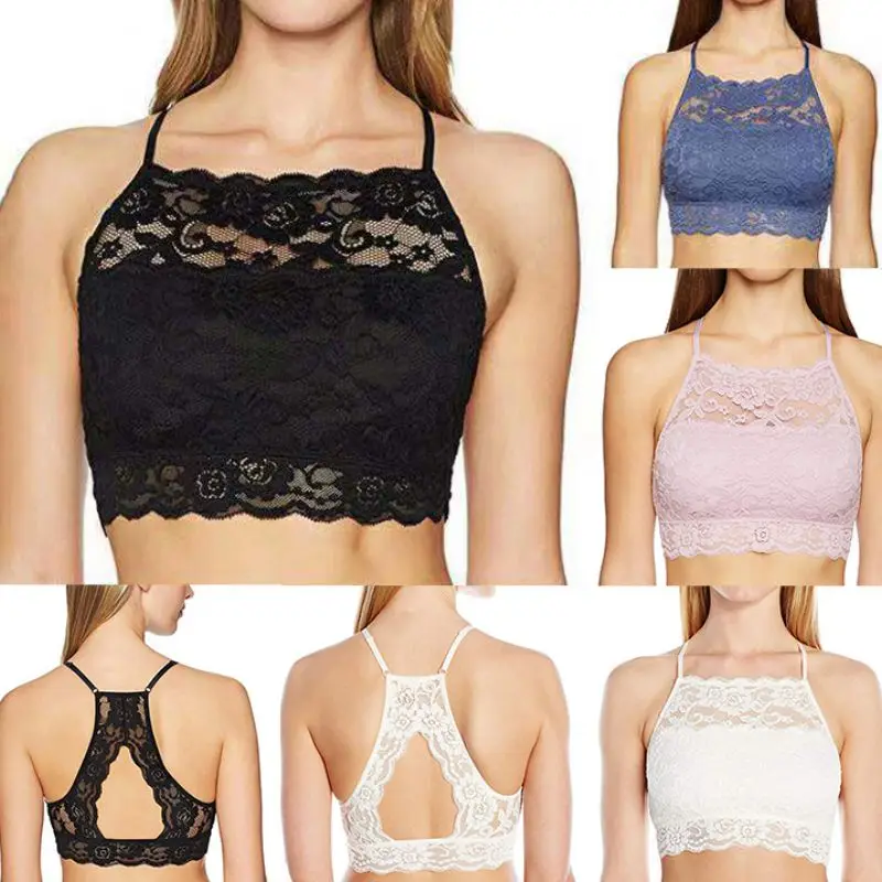 

Fashion New Ladies Bra Lace Stitching Soft Breathable Perspective White Bra Sexy Comfortable Stretch Halter Tank Top