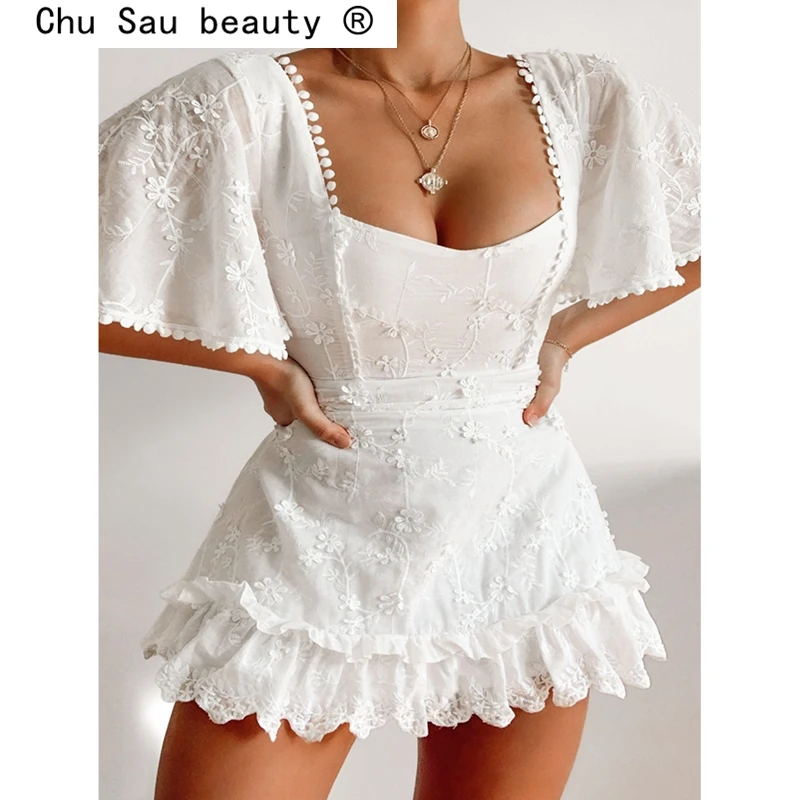 

Новое модное повседневное шикарное хлопковое мини-платье с цветочной вышивкой, женские праздничные платья с квадратным вырезом и расклеше...