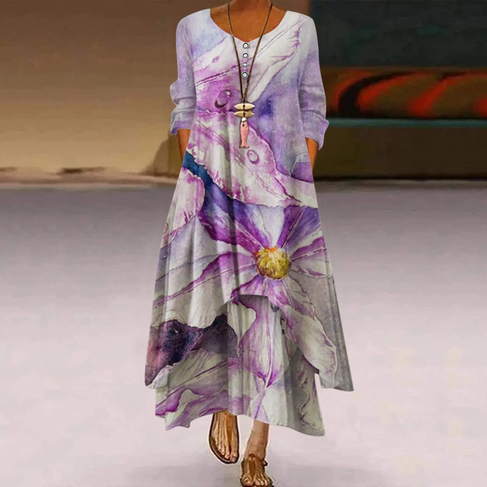 

2021 Autumn New V-neck Simple Urban Casual A-line Skirt Pocket Hem Irregular Long-sleeved Dress