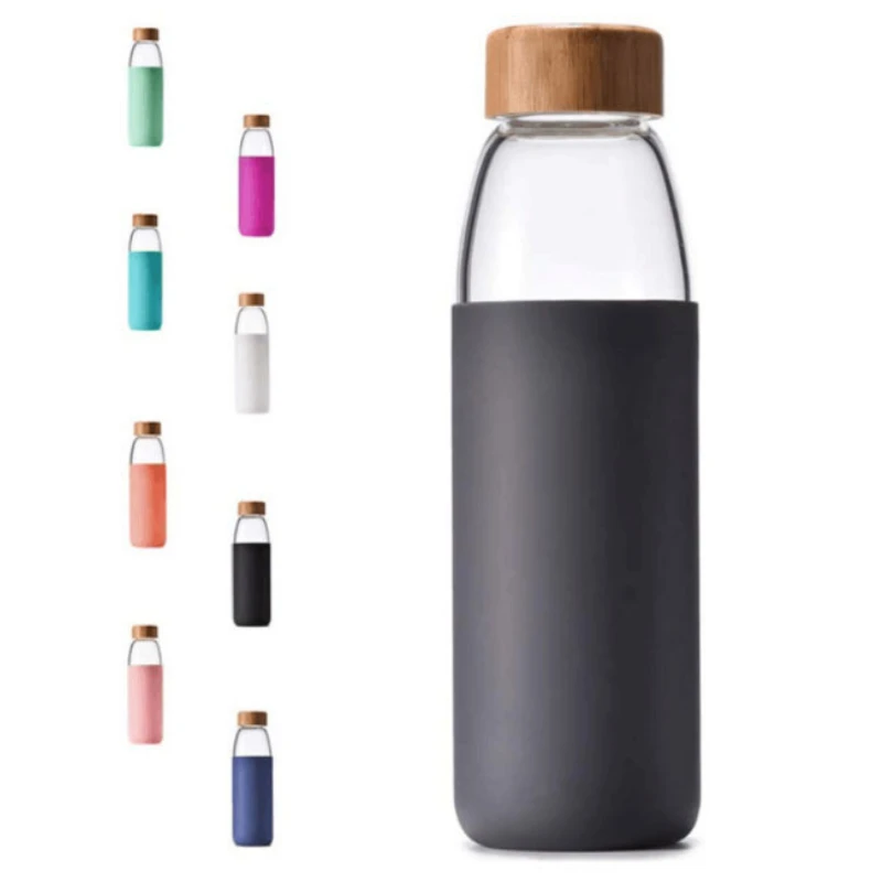 

550ml Glass Water Bottles with Bamboo Lid BPA-Free Non-Slip Silicone Sleeve Leak Proof Lid- Reusable Glass Water Bottle