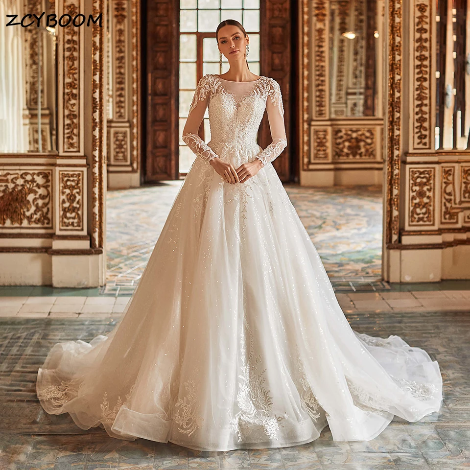 

Elegant Long Sleeves A-Line Appliques Wedding Dresses 2023 Gorgeous Sweetheart Court Train Princess Bride Gowns Vestido De Novia