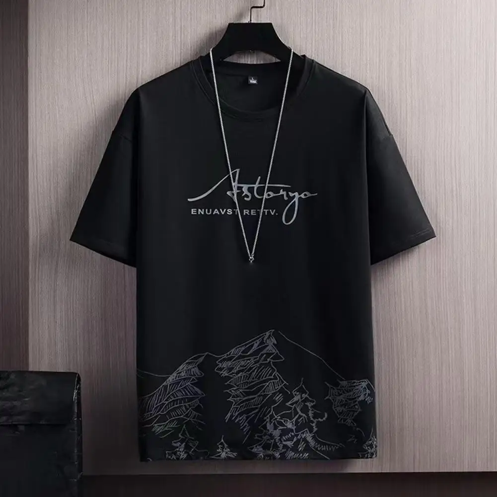 

Men T-shirt Print Soft Breathable Quick Dry Colorfast Crew Neck Loose Short Sleeves Mountain Pattern Summer Tops Daily Clothes