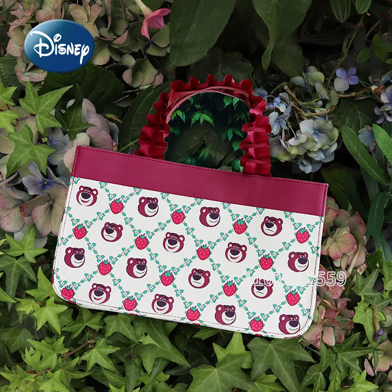 Disney Strawberry Bear Original New Women's Bag Luxury Brand Women's Handbag Cartoon Flower Pleated Handbag Large Capacity