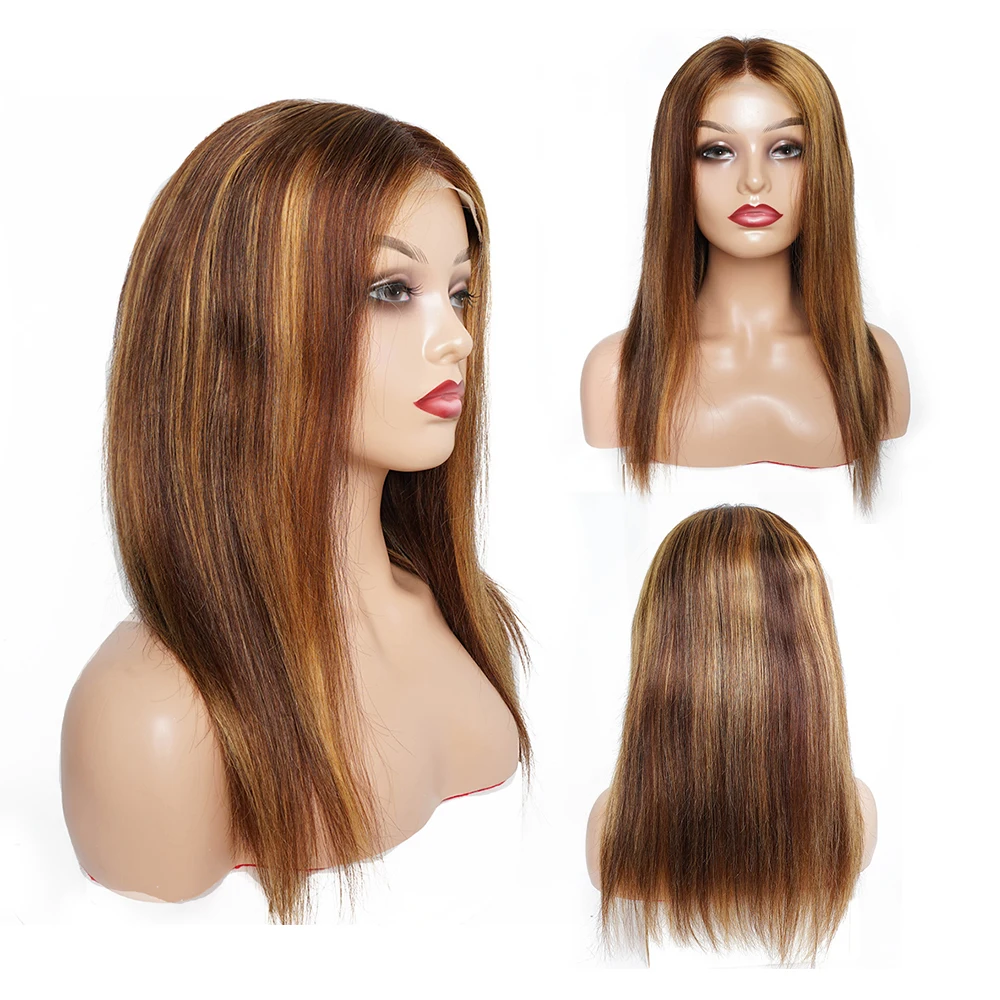 Highlight Wig Remy Human Hair Lace Front Wig Quality Pre-Plucked Piano Color P4/27 Brown Blonde Bone Straight 150% Density
